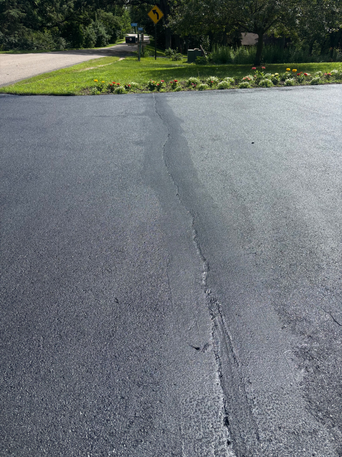 Close-up of a filled crack running through freshly sealed black asphalt